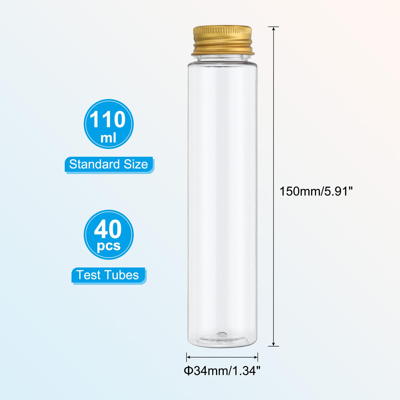 PATIKIL Tubos de Ensayo de 110 ml, 40 Unidades de 5.91x1.34" de Plástico Transparente con Fondo Plano y Tapas para Almacenamiento de Cuentas, Dulces, Sales de Baño, Dorado