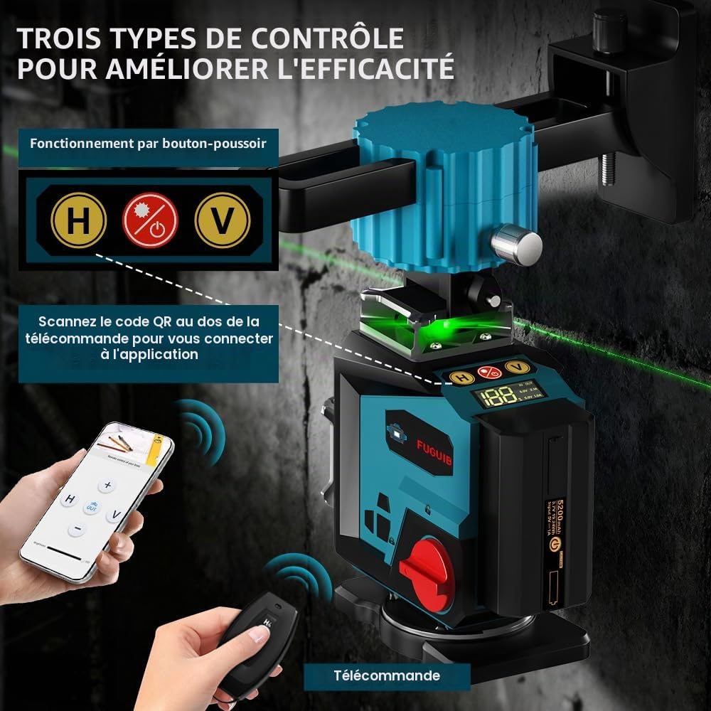 Niveau Laser Chantier 360° Autonivelant Avec Trépied, 4D Lazer Niveaux | Mode Impulsion ExtéRieur, 2 Batteries 5200mAh et Télécommande, IP54, Support Rotatif, Laser Vert Haute Visibilité