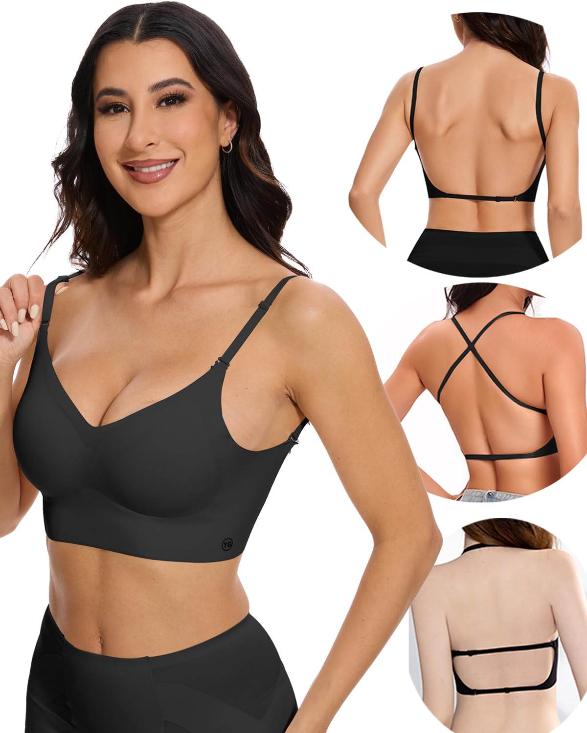 choolley Low Back Bra - Seamless Backless Bra V Neck Bralette for Women - Open Back Wireless Multiway Convertible Halter Bras