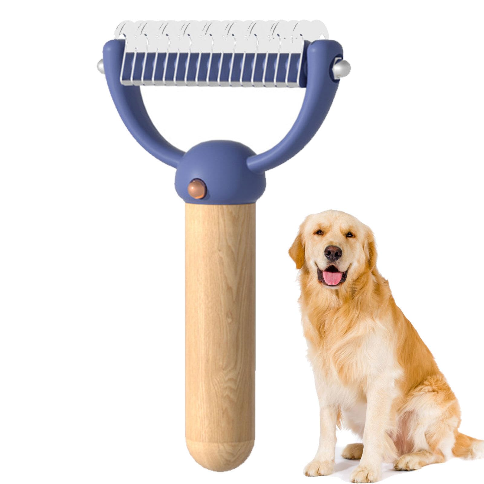Mecmbj cepillo perro pelo largo, cepillo para gatos con mango de madera, cepillo para perros con 17+9 dientes, cepillo para gatos pelo largo para eliminar eficazmente el pelo interior (azul)