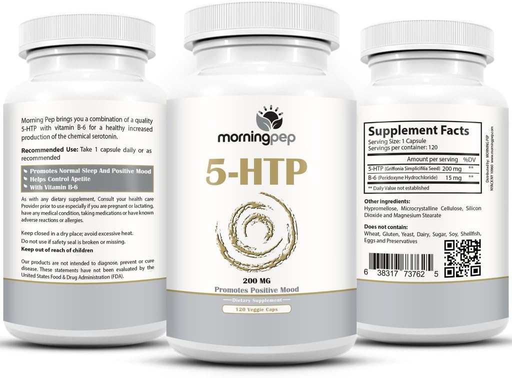 Morning Pep 5-HTP Supplement 120 Count 200 mg per Caps with Added Vitamin B6, 5 HTP is A Natural Appetite Suppressant