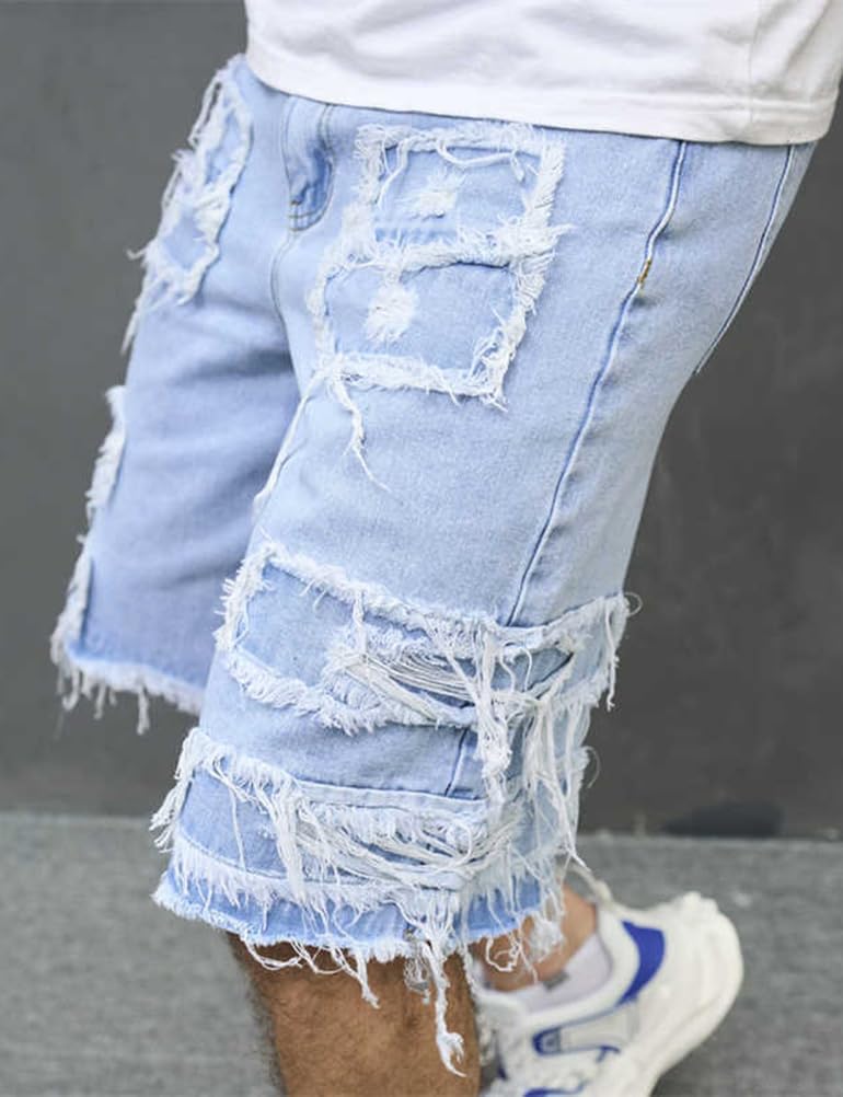 Kinghua Ripped Jean Shorts Men Summer Distressed Casual Raw Hem Jorts Stretchy Bermuda Denim Mid Rise Shorts with Pockets