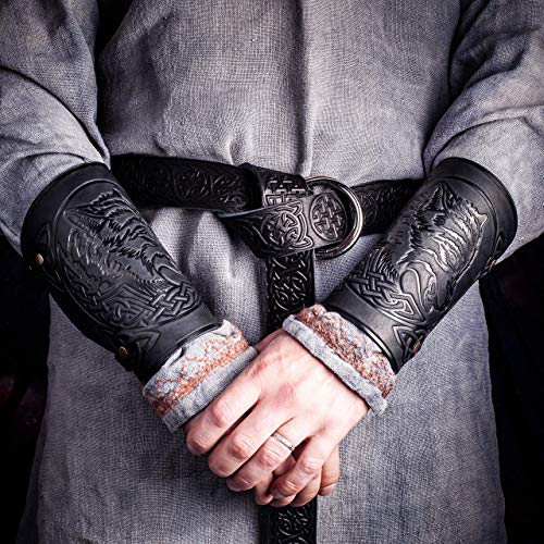 Hand Made Full Grain Leather Wolf Design Cuffs Bracers - Best Unique Christmas Gift for Men Larp Gauntlet - Leather Wristbands - LARP Accessories - Viking Bracers - Archery Armguard - Length 6"