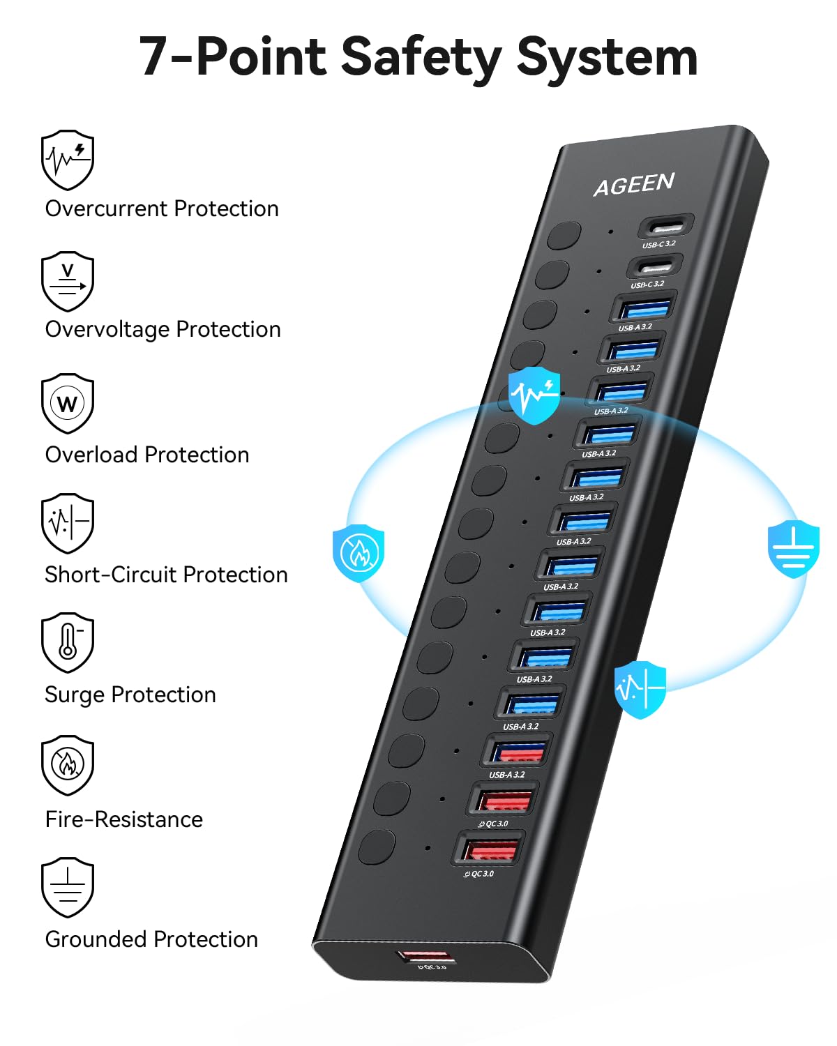 AGEEN Hub USB alimentato a 16 porte - Splitter dati SuperSpeed da 10 Gbps con 2 porte USB-C e 11 porte USB-A, 3 porte di ricarica rapida QC 3.0 da 24 W, singoli interruttori on/off, adattatore di