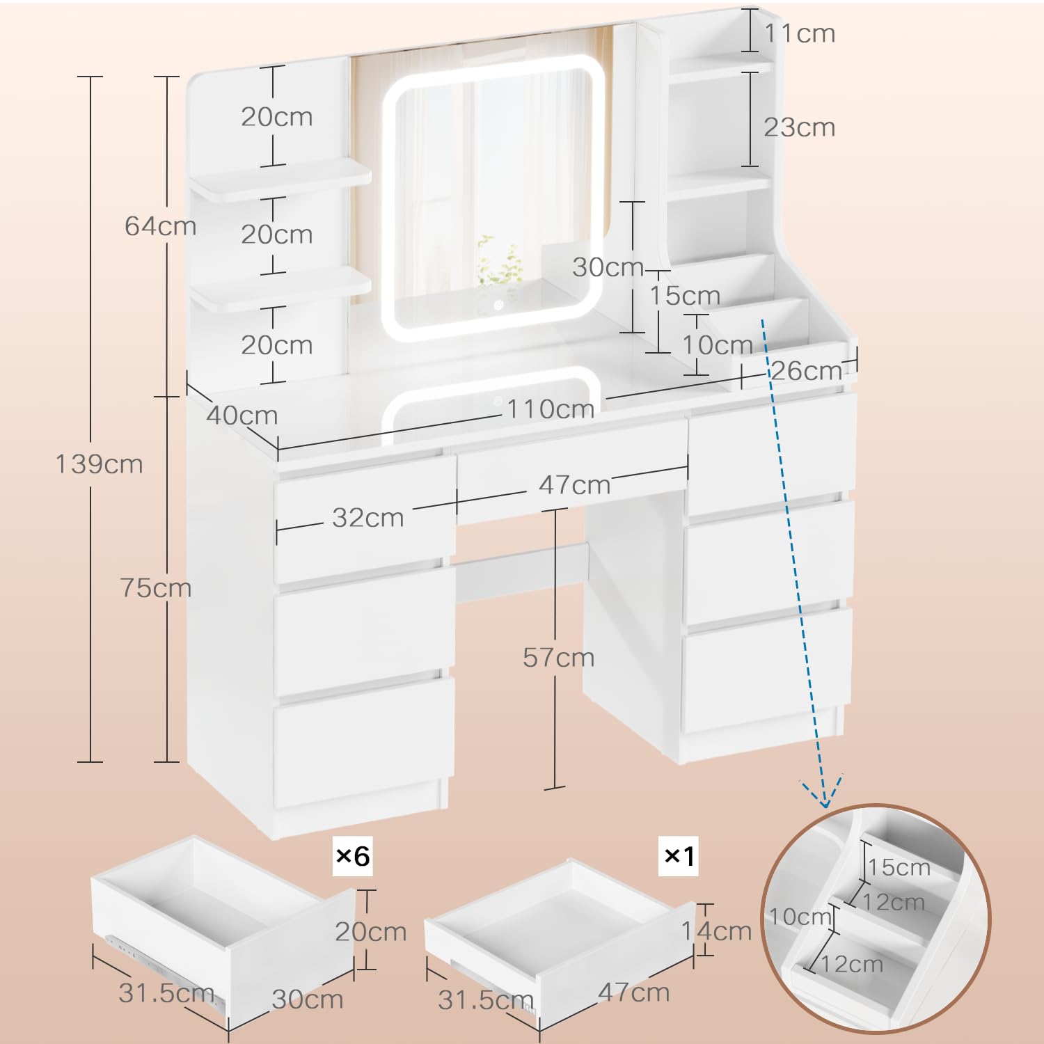 Devoko Coiffeuse LED avec 7 Grands Tiroirs, 3 Couleurs avec Luminosité Réglable, Table de Maquillage, Coiffeuse avec Miroir pour la Chambre à Coucher (Blanc)