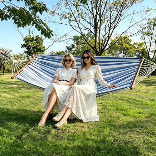 Lazy Daze Hammocks Cotton Fabric Double Hammock with 55" Spreader Bar, Portable Camping Hammock with Carrying Bag & Tree Straps for Patio, Backyard, Balcony, 450lbs Capacity, Blue & White by Lazy Daze Hammocks - Used condition - Image 9