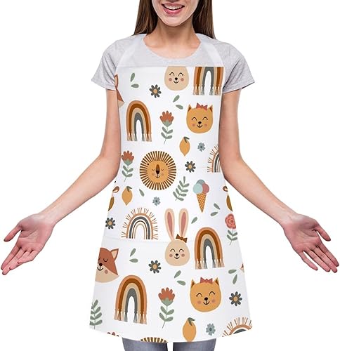 Miniatura 10 de Delantal de chef floral de dibujos animados con bolsillos, colorido y lindo animal, búho, zorro, ciervo, flores, hojas para cocina