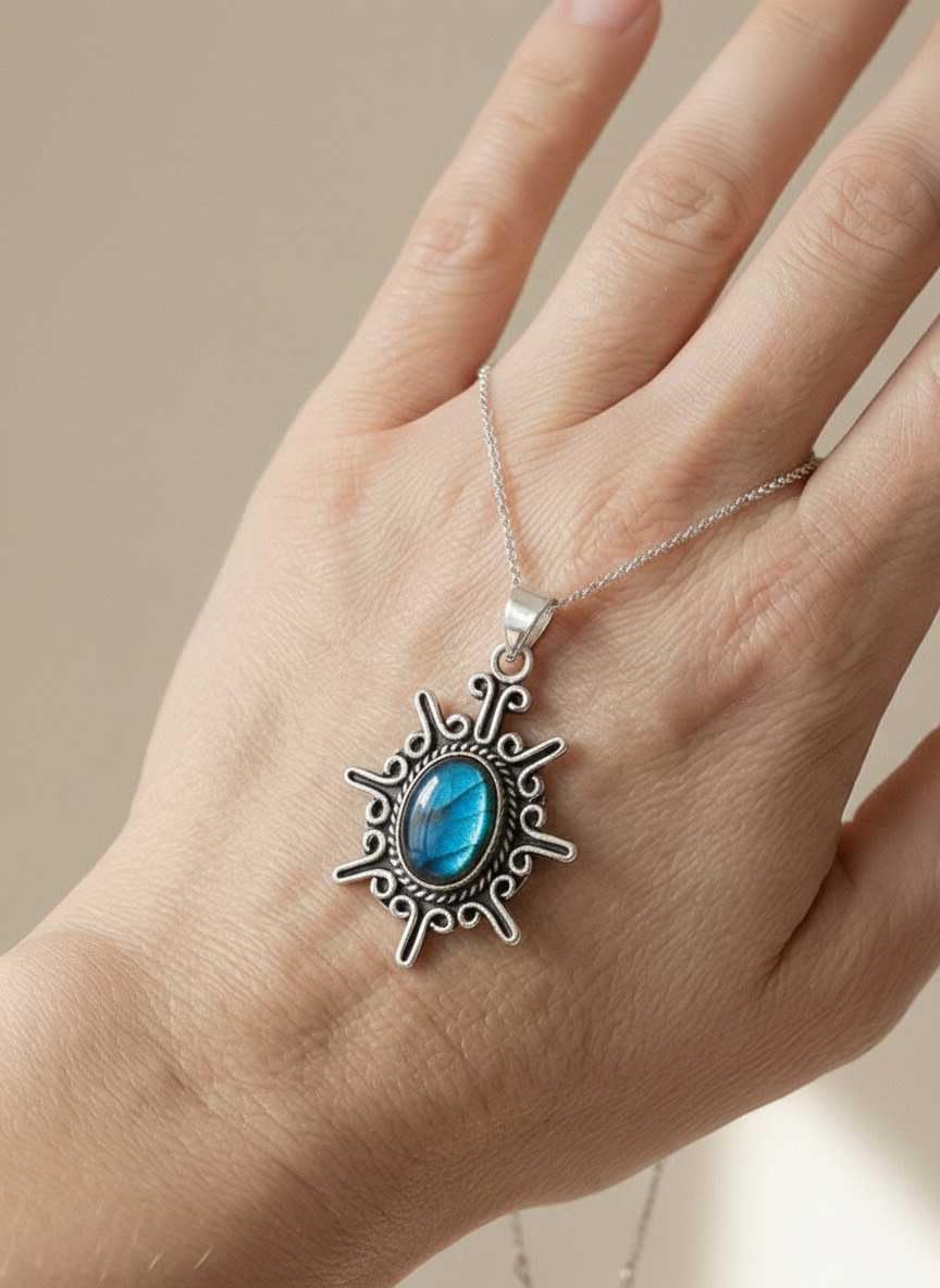 Tiger Eye, Labradorite, Turquoise, Garnet Oval Handmade Pendant Necklace 925 Sterling Silver Overlay Boho Natural Gemstone Jewelry For Women