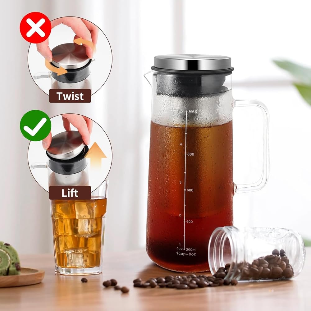Cold Brew Macchina da caffè 36OZ in vetro e acciaio con filtro a rete fine a doppio strato