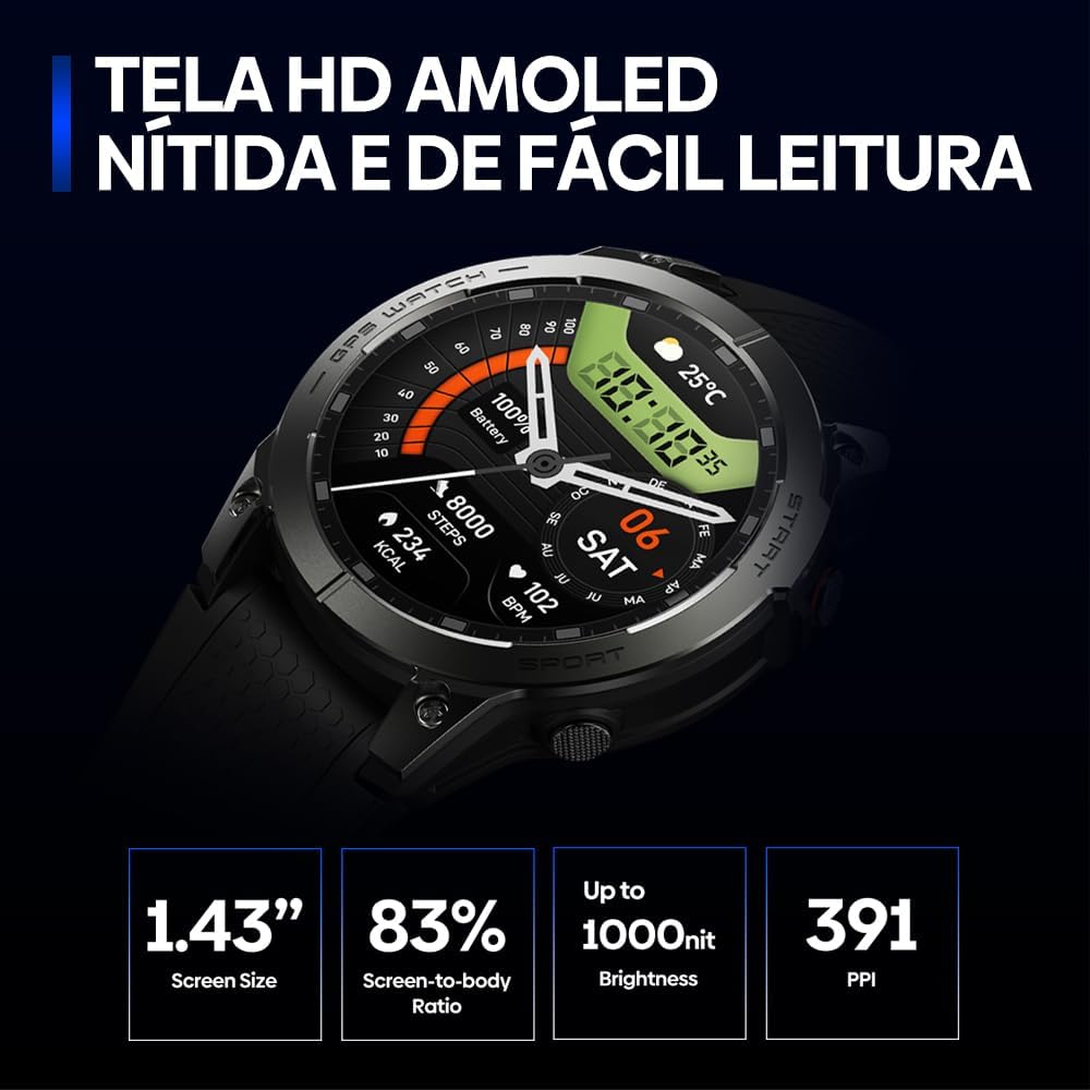 Smart Watch Zeblaze Stratos 3 Pro, exibição HD de 1,43 "AMOLED, Round Sports Watch For Men Mulheres Fitness, Waterspers Imperme/Resposta Ligue para Smart Watches