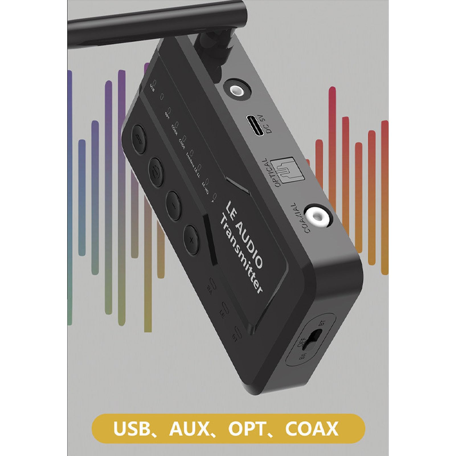 Adaptador de Audio Bluetooth 5.3, Receptor Transmisor Inalámbrico con Entradas USB AUX Opt Coax Antena Externa para Auriculares Bluetooth Altavoces