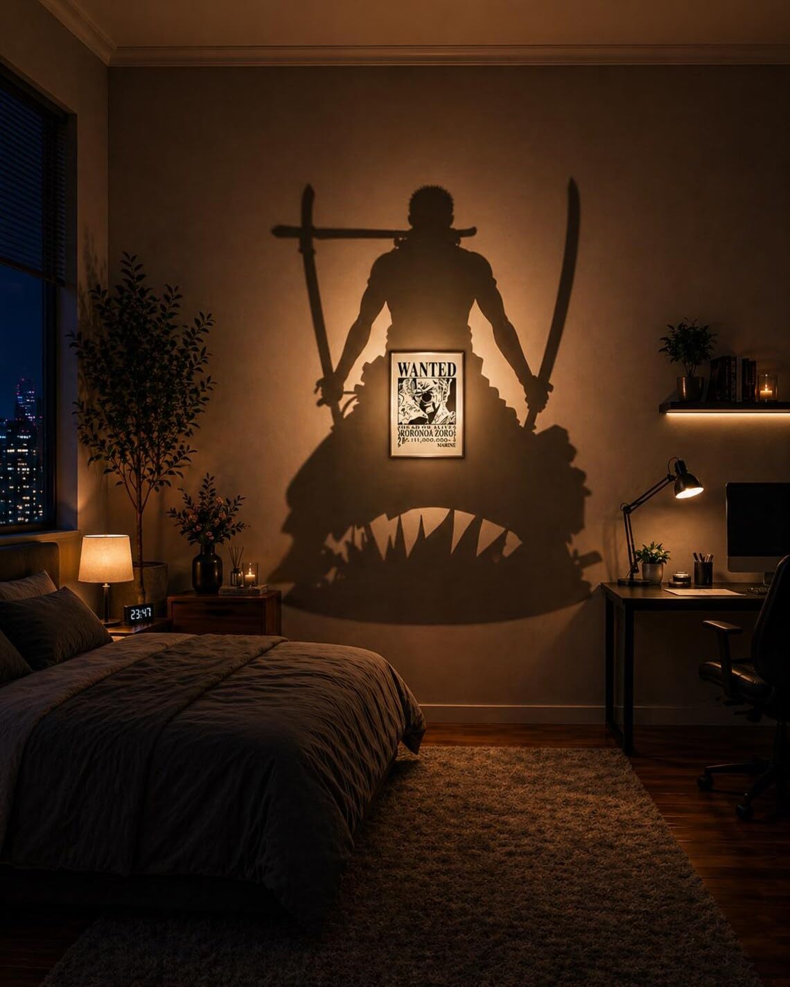 Roronoa Zoro Anime Shadow Lamp | One Piece Wanted Wall Light | LED Anime Wall Decor, Character Shadow Projection Lamp | Otaku Room Bedroom Decor