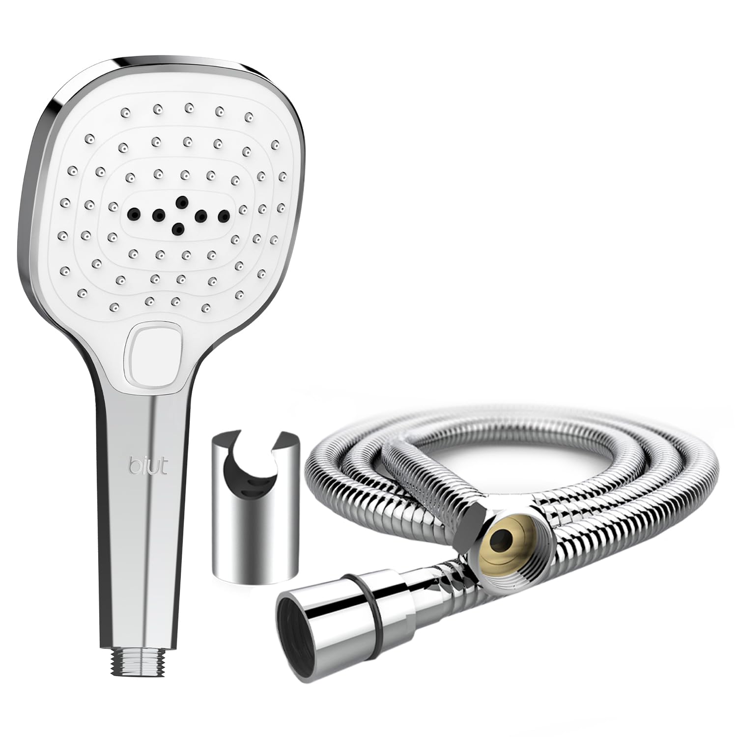 BIUT 3 Function Hand Shower ABS Handheld High Pressure Water Flow White Face Plate Rain Massage Showerhead with Selection Button 1.5 metre Flexible Tube Silicone Nozzle & Wall Hook for Bathroom (1Pc)