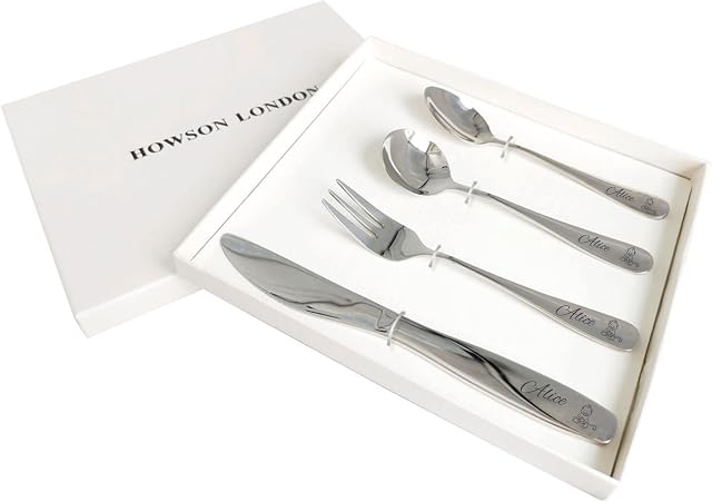 Personalised Cutlery Set for Children Engraved Knife Fork Spoon 4pcs Stainless Steel for Kids Toddler Cutlery Set Gifts with Any Name in Gift Box Engraved Monkey Lion Giraffe Image 01