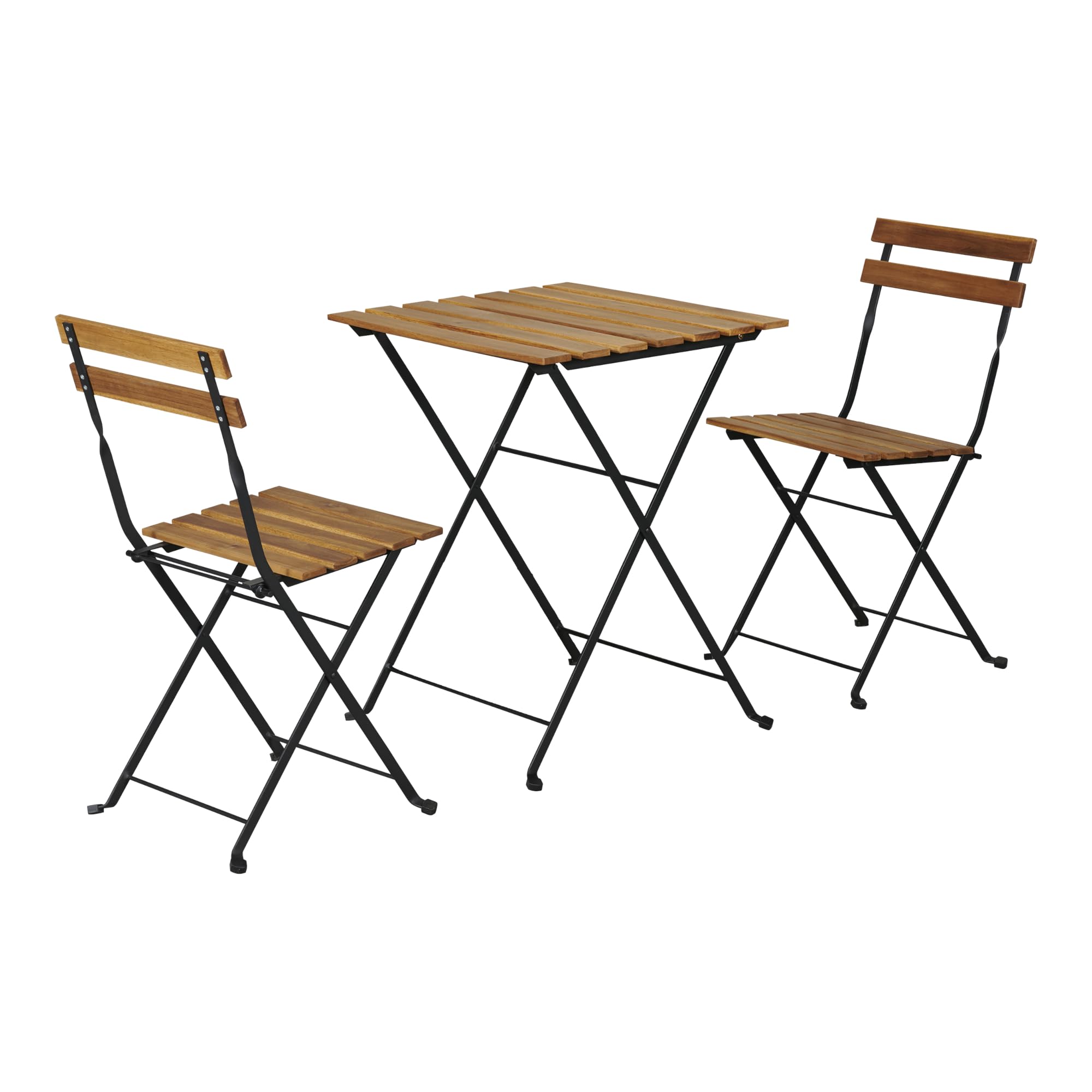Set de Bistrot 3 Pièces Table et 2 Chaises Pliantes Meuble Jardin Balcon Patio Terrasse Acier Laqué Bois d'Acacia Noir Capacité 110 kg