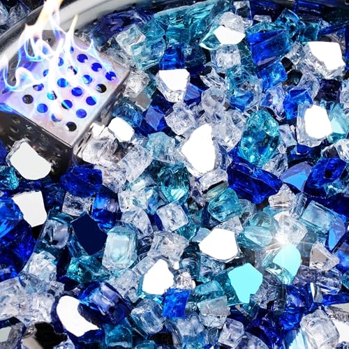 NUPICK 4,5 kg Feuerglas für Feuerstelle, 1/2 Zoll gehärtetes gemischtes Feuerglas in Bahamama-Mischung für Propangas-Feuerstelle & Gaskamin Blauer und weißer Feuerglasstein