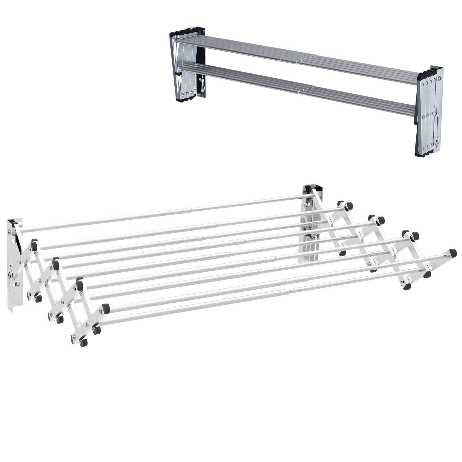 HOMASIS Stendibiancheria da Parete con 8 Aste in Acciaio Inox, Stendino da Parete per Bagno/Lavanderia, Stendino a Muro Richiudibile e Salvaspazio, Argento (50-86 x 63 x 22 cm)