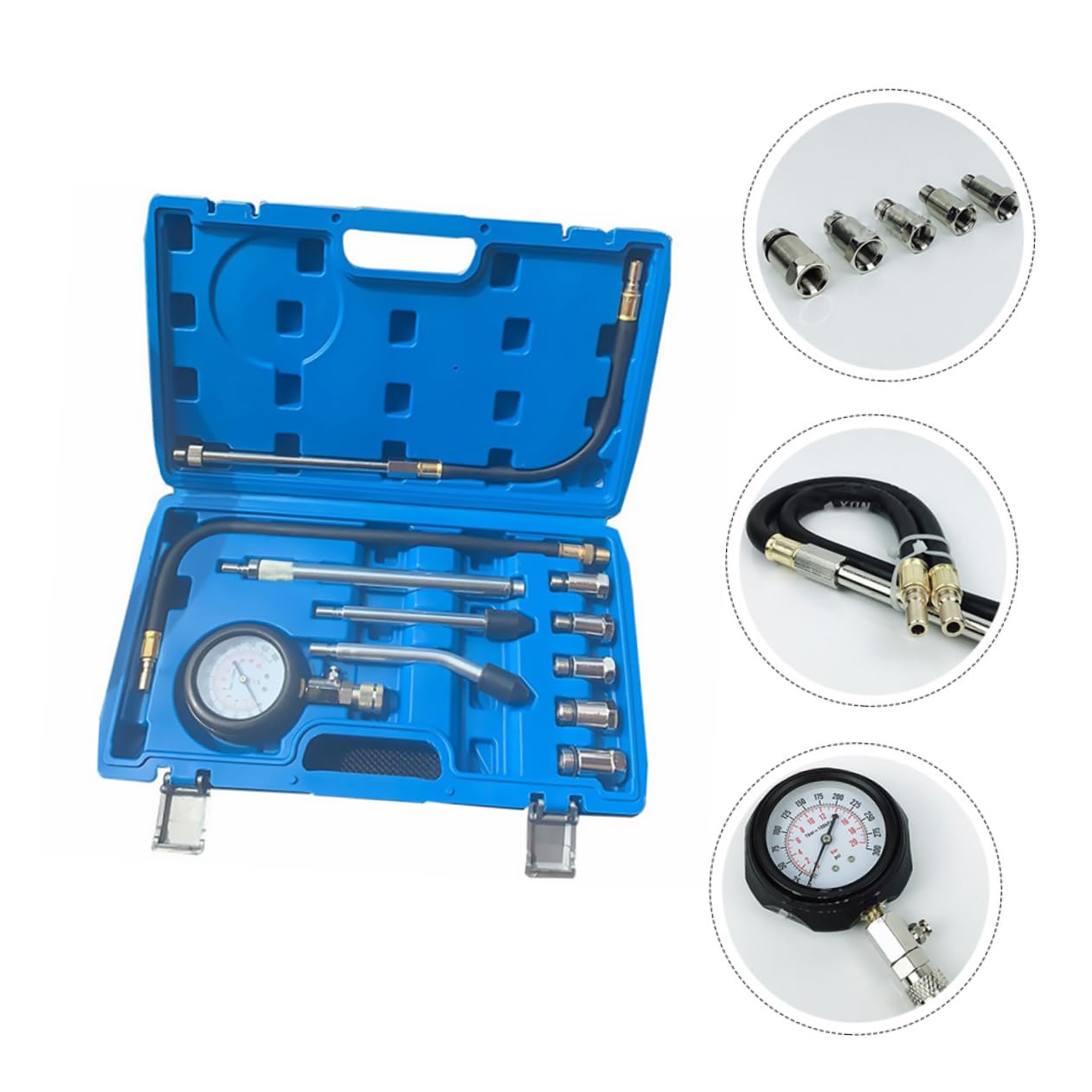 Manómetro de Presión para Cilindros de Motor Gasolina 1 Juego | Rango 0-300 Psi y 0-21 Bar, Adaptadores Rosca Métrica 10/12/14/18 Mm, Puntas Cónicas de Goma