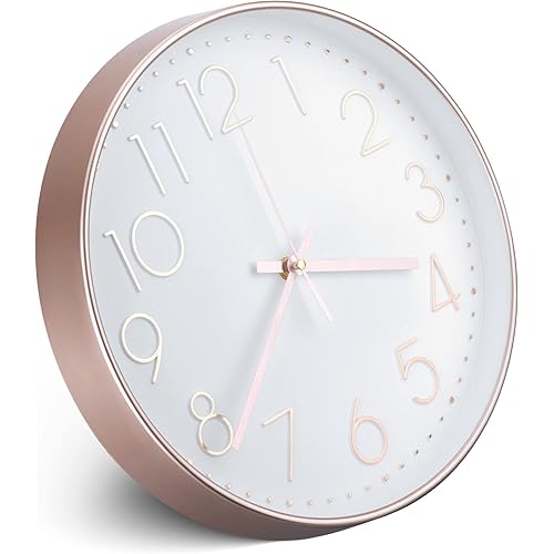 Navaris No Ticking Wall Clock - Contemporary Modern Design Silent Battery Powered Wall Mounted Clock for Kitchen Living Room - Rose Gold/White