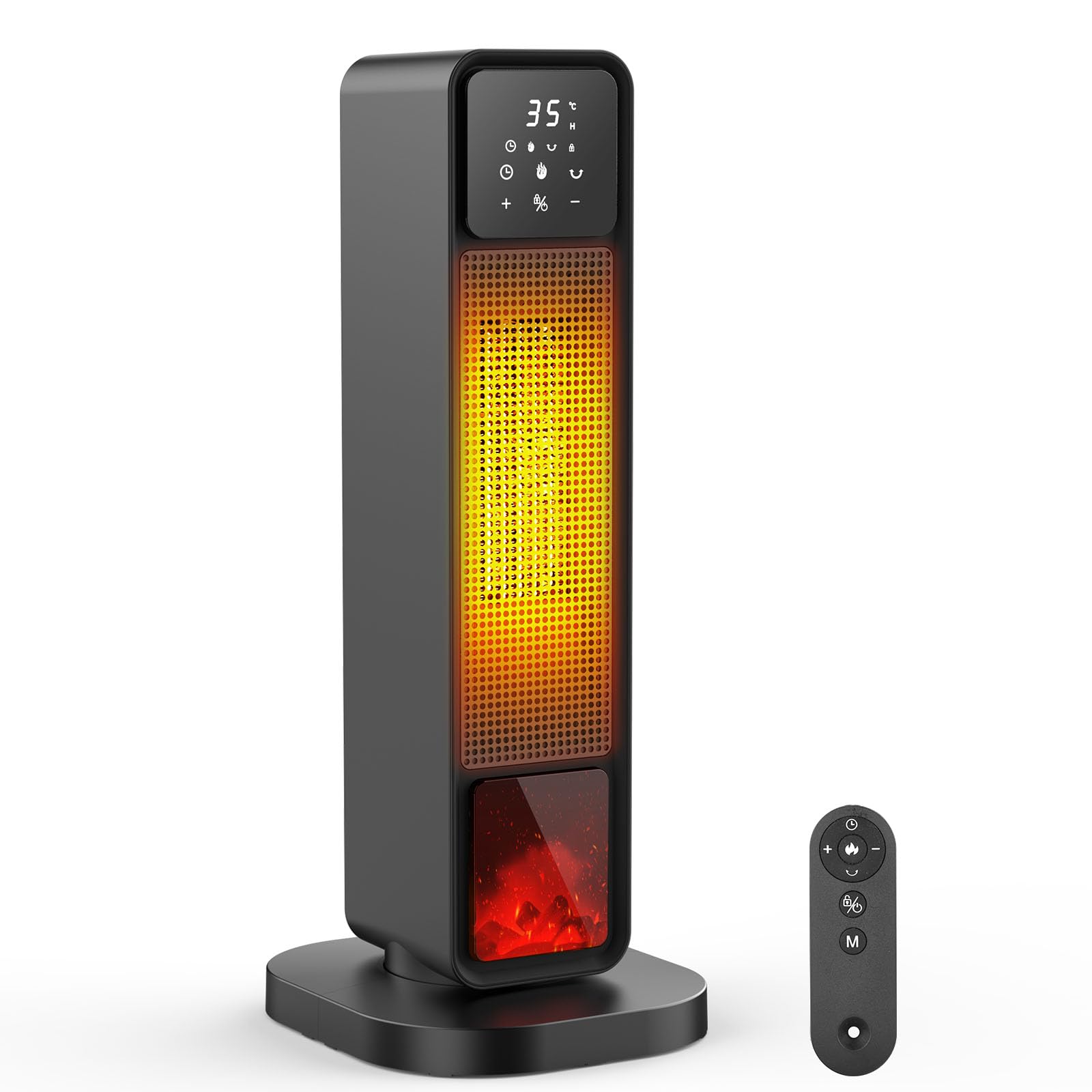 Stufa Elettrica Basso Consumo, 2200W Termoventilatore Elettrico a Torre PTC, Stufa Elettrica con Telecomando, Effetto Camino, Timer 12H, Oscillazione 70° e Doppia Protezione, per Uso Interno