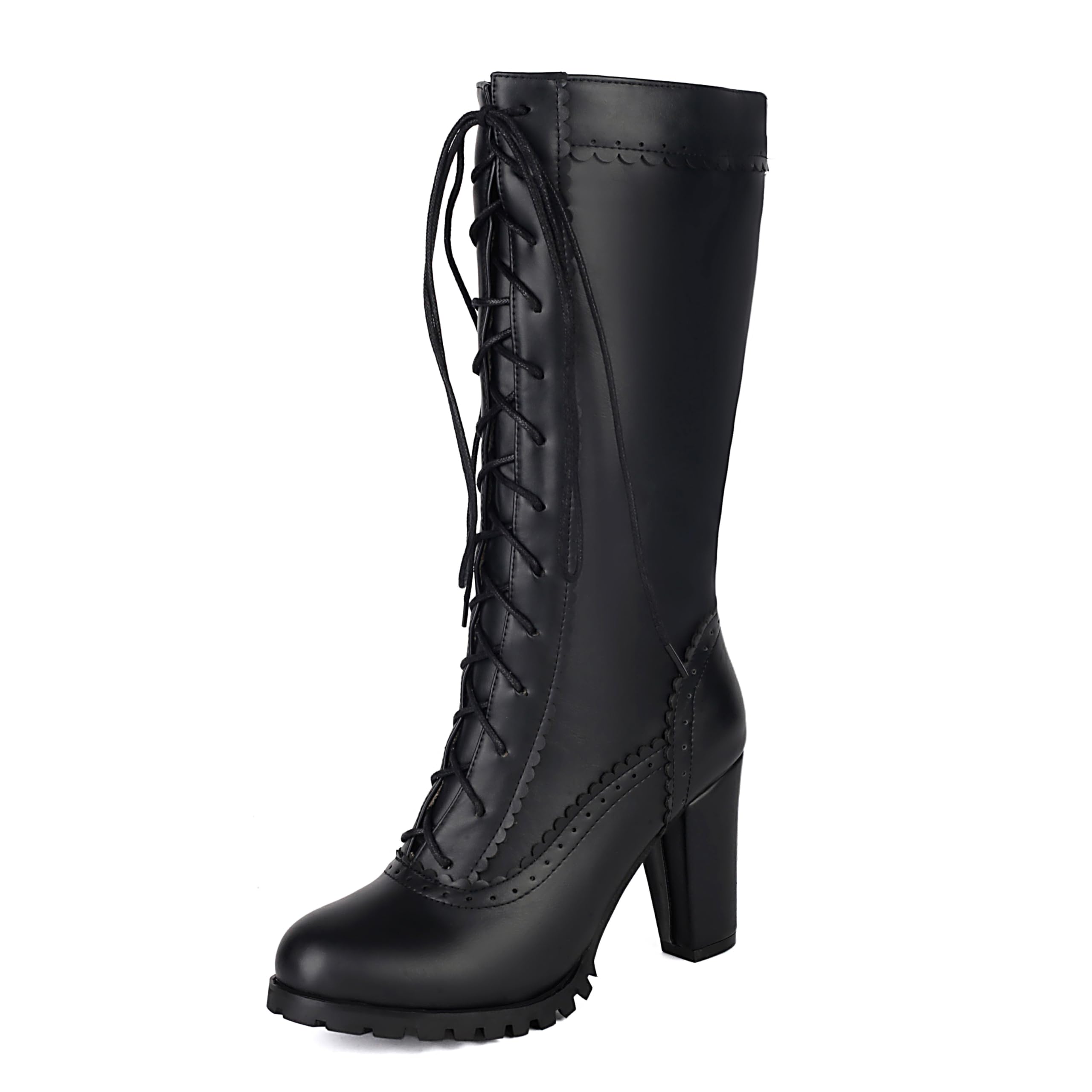 BEAUPAS Womens Tall Boots Lace-Up Block Heel Chunky Platform Combat Boots
