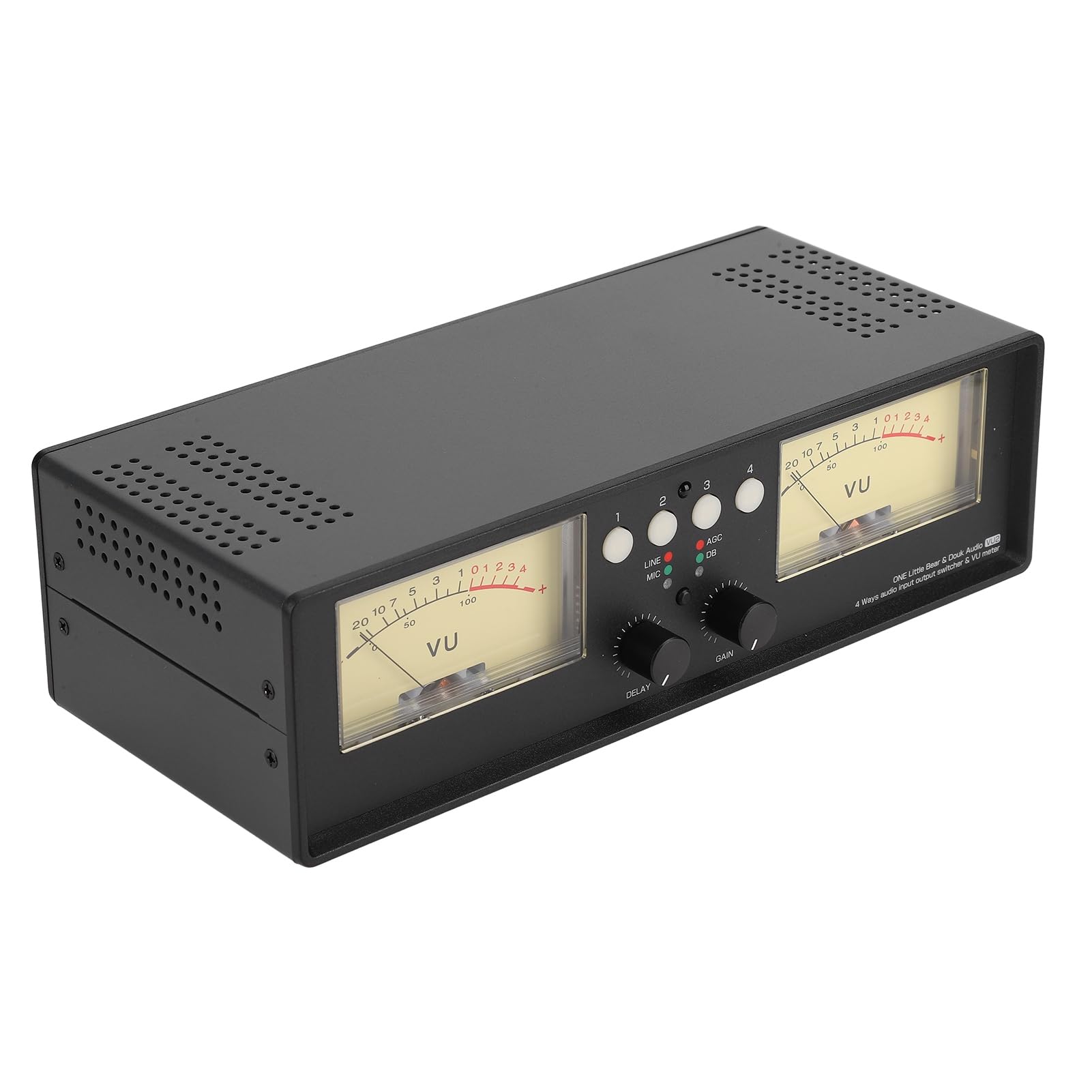 Répartiteur audio 4 voies avec compteur de niveau VU multifonction avec 4 entrées et sorties audio, sélecteur audio stéréo, commutateur audio d'ampli (Rétroéclairage jaune)