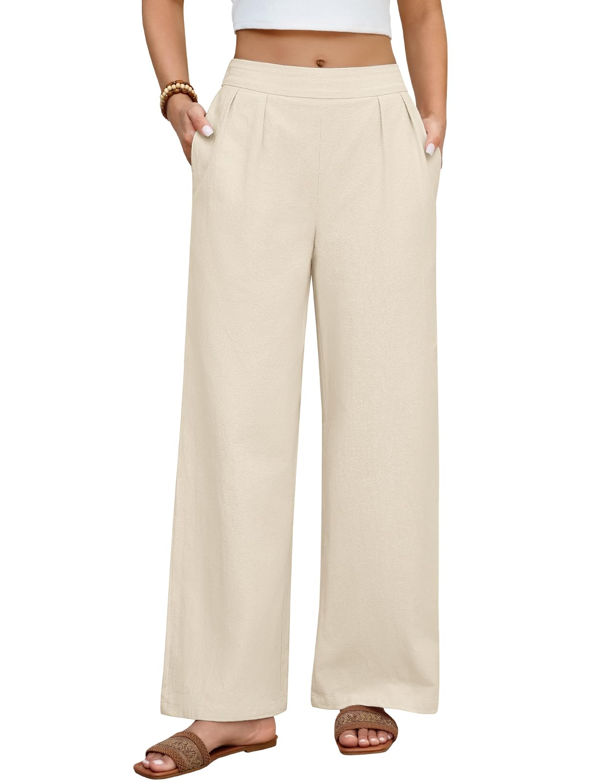 heekpek Damen Hosen Sommer Baumwolle Bequeme Damenhosen Weites Bein High Waist Hose Elegant Leichte Luftig Locker Sommerhose