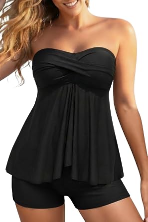 Women Strapless Tankini Swimsuits - 2 Piece Halter Bathing Suit Bandeau Flyaway Top with High Waist Swim Shorts