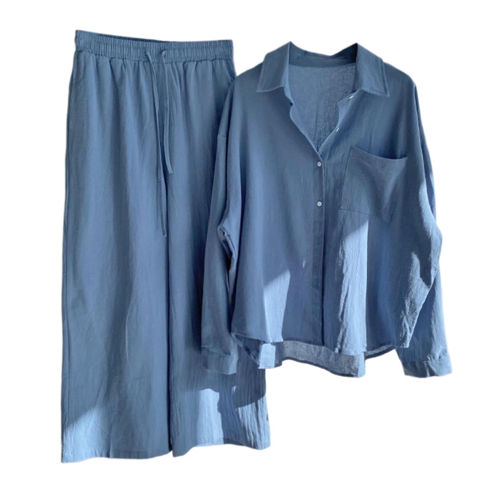 Ropa de lino para mujer, traje de dos piezas de algodón y lino, traje de pantalón de manga larga, cálido, transpirable, traje de ocio, juego de pijama elástico, traje de casa ligero, cintura