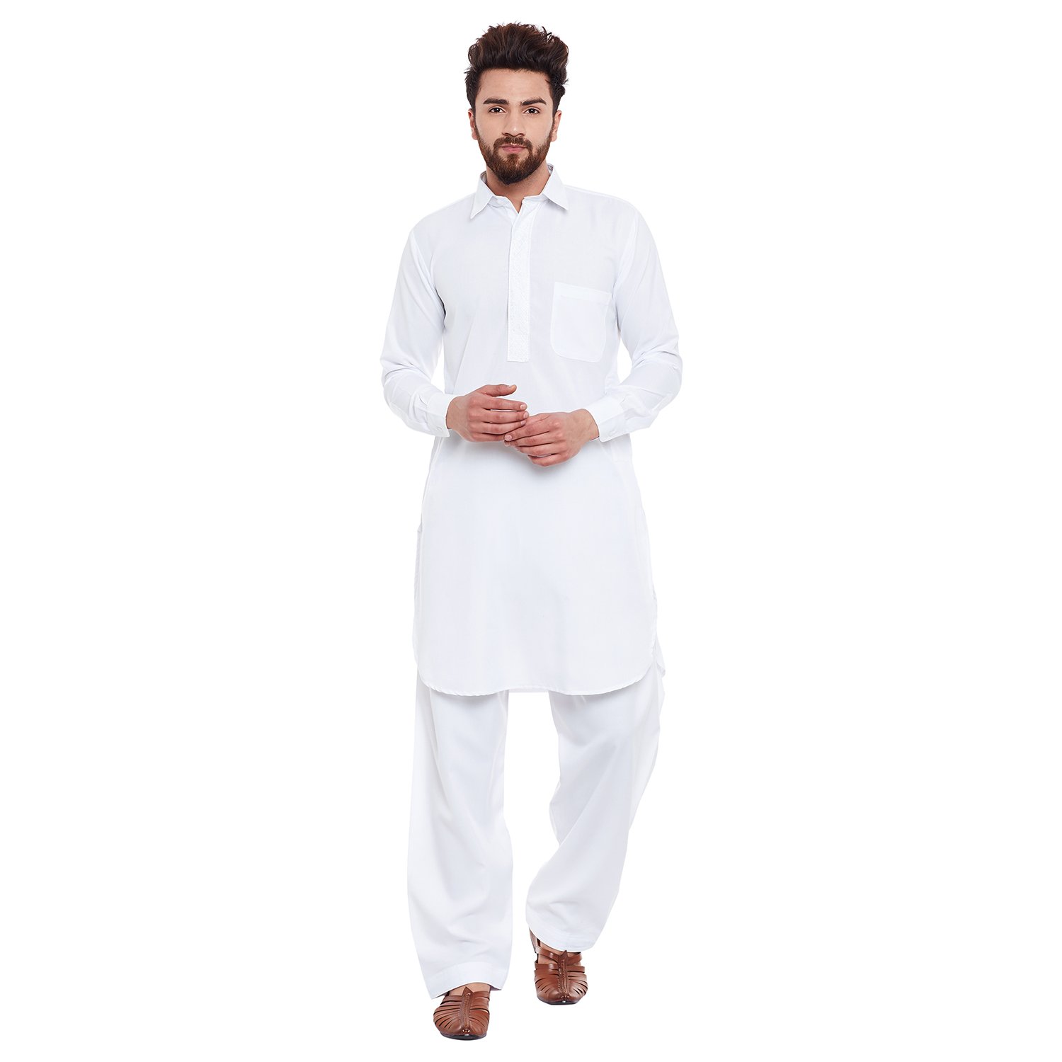 Sojanya (Since 1958, Men's White Cotton Blend Pathani Kurta & Salwar Set, Size L
