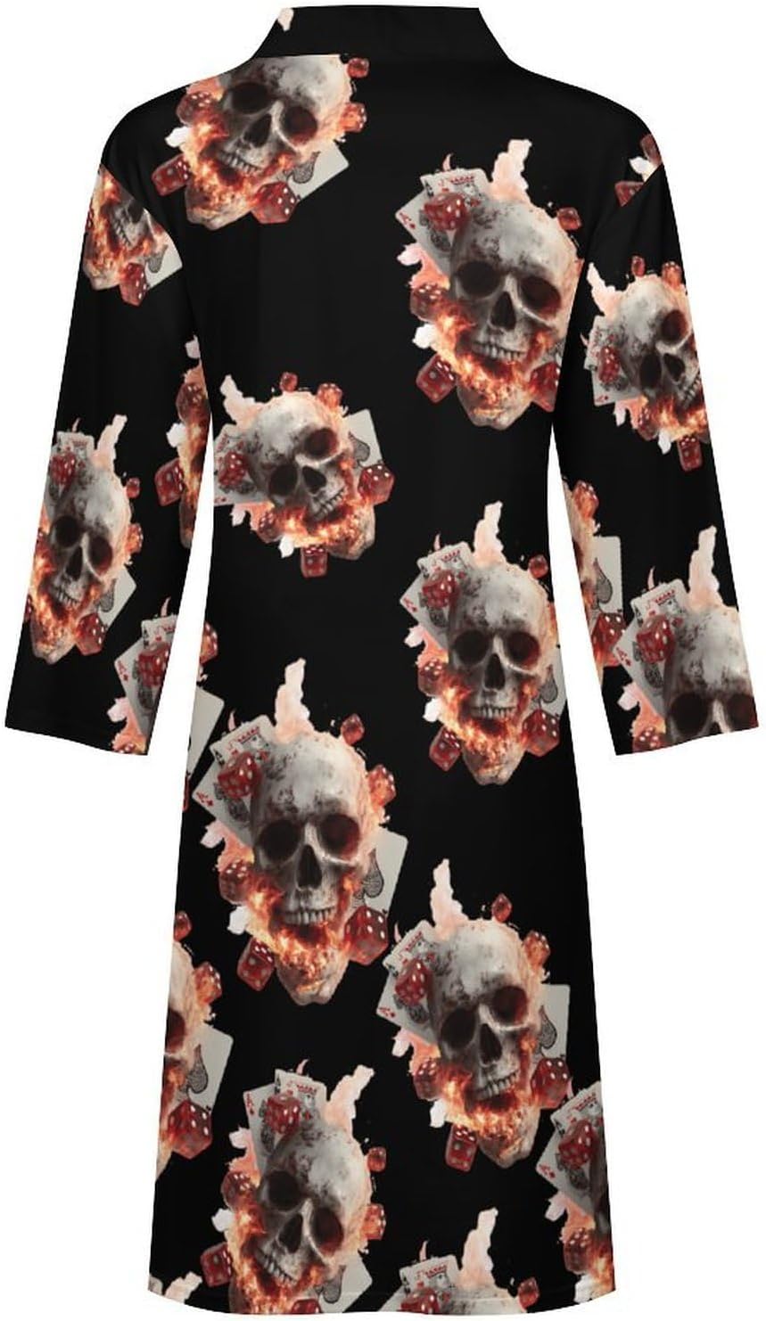 Skull Cards Deadly Game Casual Robes Bathrobe Knee Length V-neck Loungewear Sleepwear