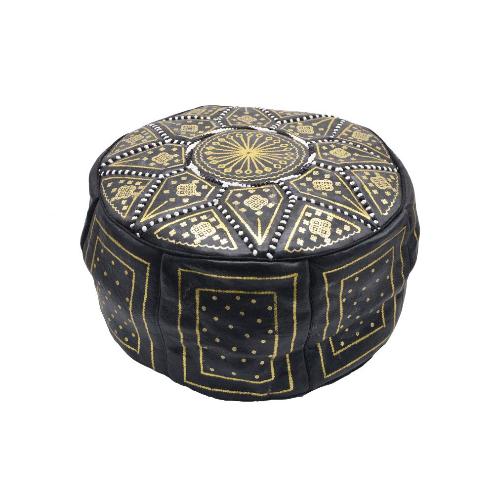 Pouf marocain fassi en cuir véritable noir fait main à Fès