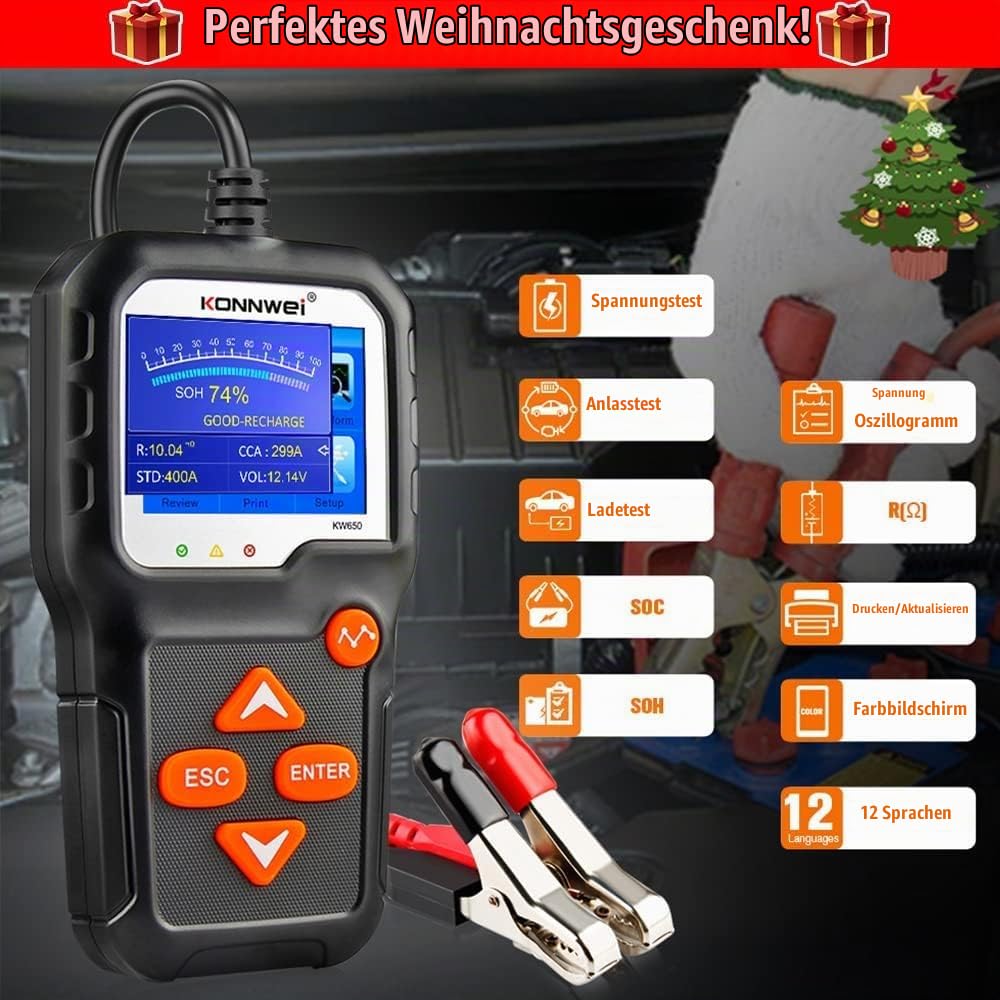 KONNWEI KW650 6V/12V Autobatterietester 100-2000 CCA, Unterstützung 13 Sprachen, 2,4 Zoll Bildschirm, Batterietester Autolade-Startsystem Automobil-Batterieanalysator für Autos, Boot, SUV, Motorrad