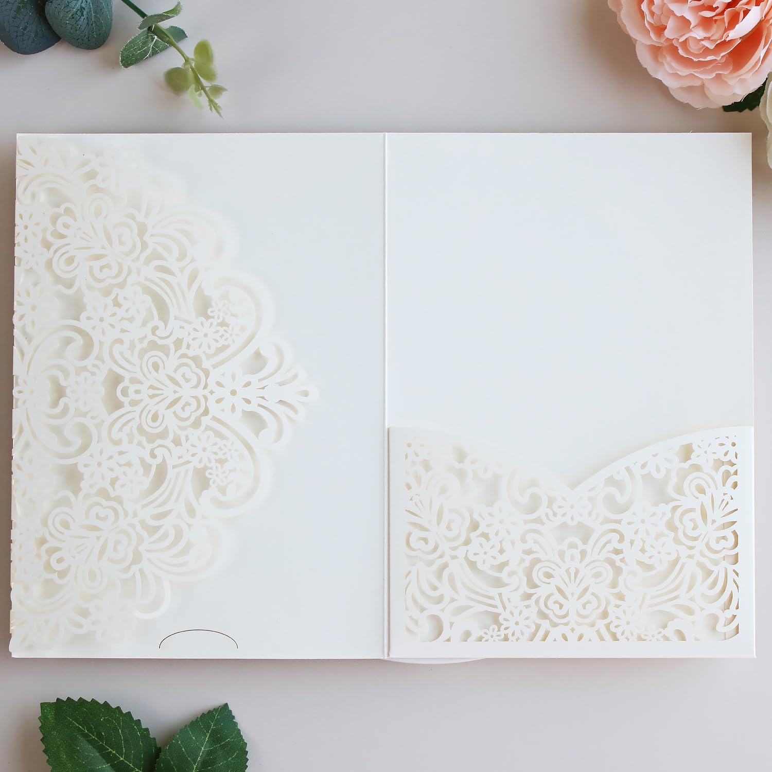 Hosmsua 50PCS Ivory Laser Cut Wedding Invitations, 5.12 x 7.2 Laser Cut Invitation Pockets with Envelopes for Wedding Bridal Shower Quinceanera