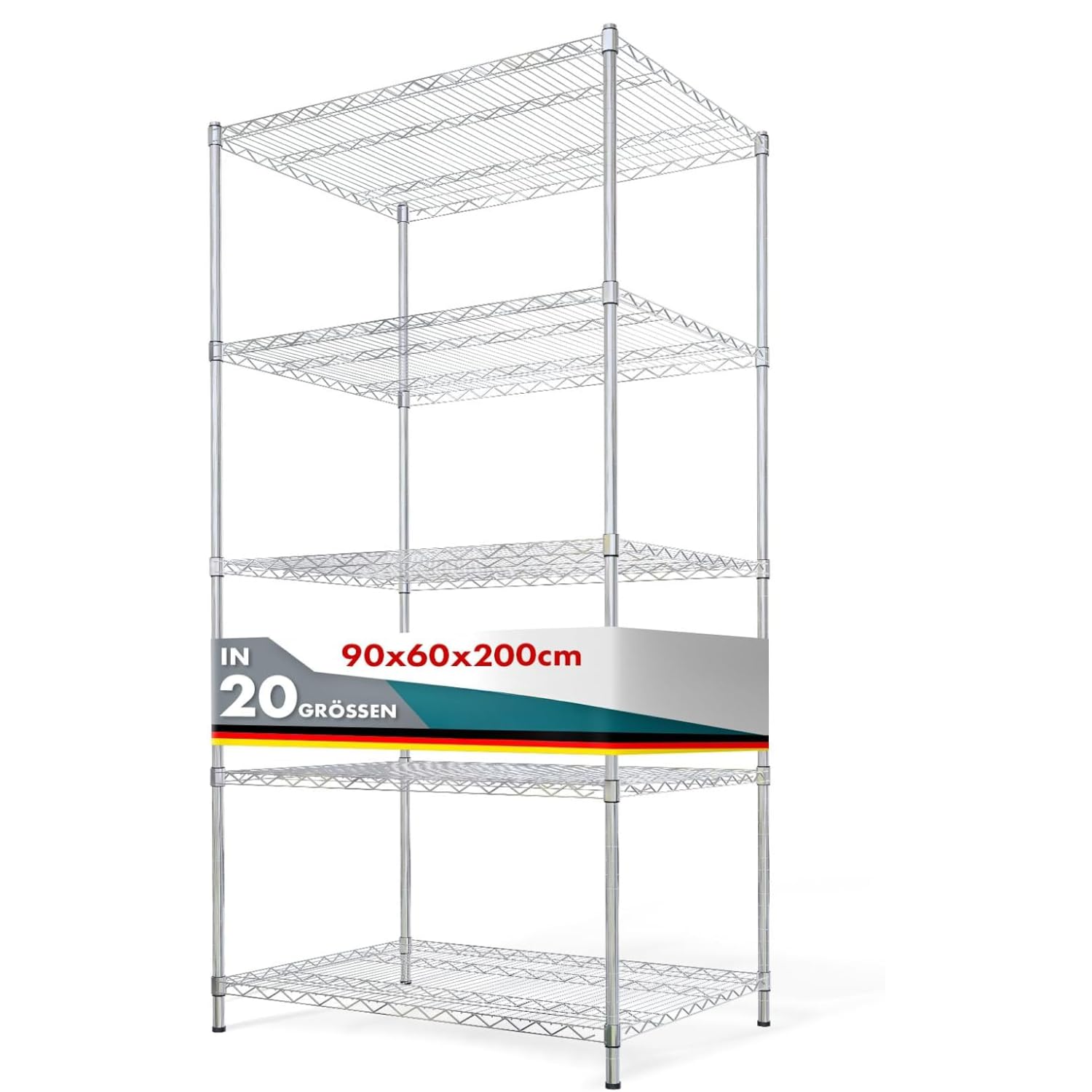 Floordirekt Scaffale a griglia dell'Himalaya, in metallo, portata circa 150 kg per ripiano, sistema di scaffalatura multifunzionale, cromato (90 x 60 x 200 cm, 5 ripiani)