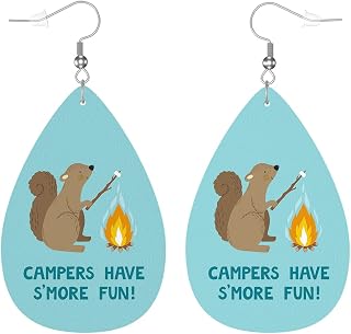 Squirrel Faux Leather Earrings For Women, Cute Animal Squirrel With Marshmallow Campfire Sexy Teardrop Dangle Earrings Jewelry Friends Making Accessory Hook Earrings