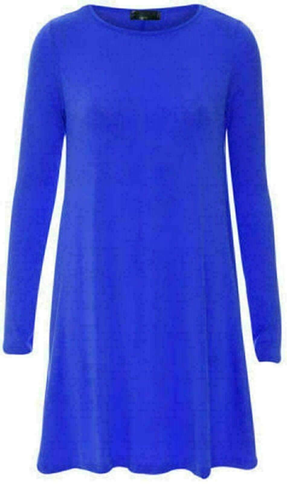 Fairy Boutique Women's Royal Blue Plain Long Sleeve Stretch A Line Swing Dress Flared Skater Top Printed Plus Size T-Shirt 8-26 ( Uk 8-10)