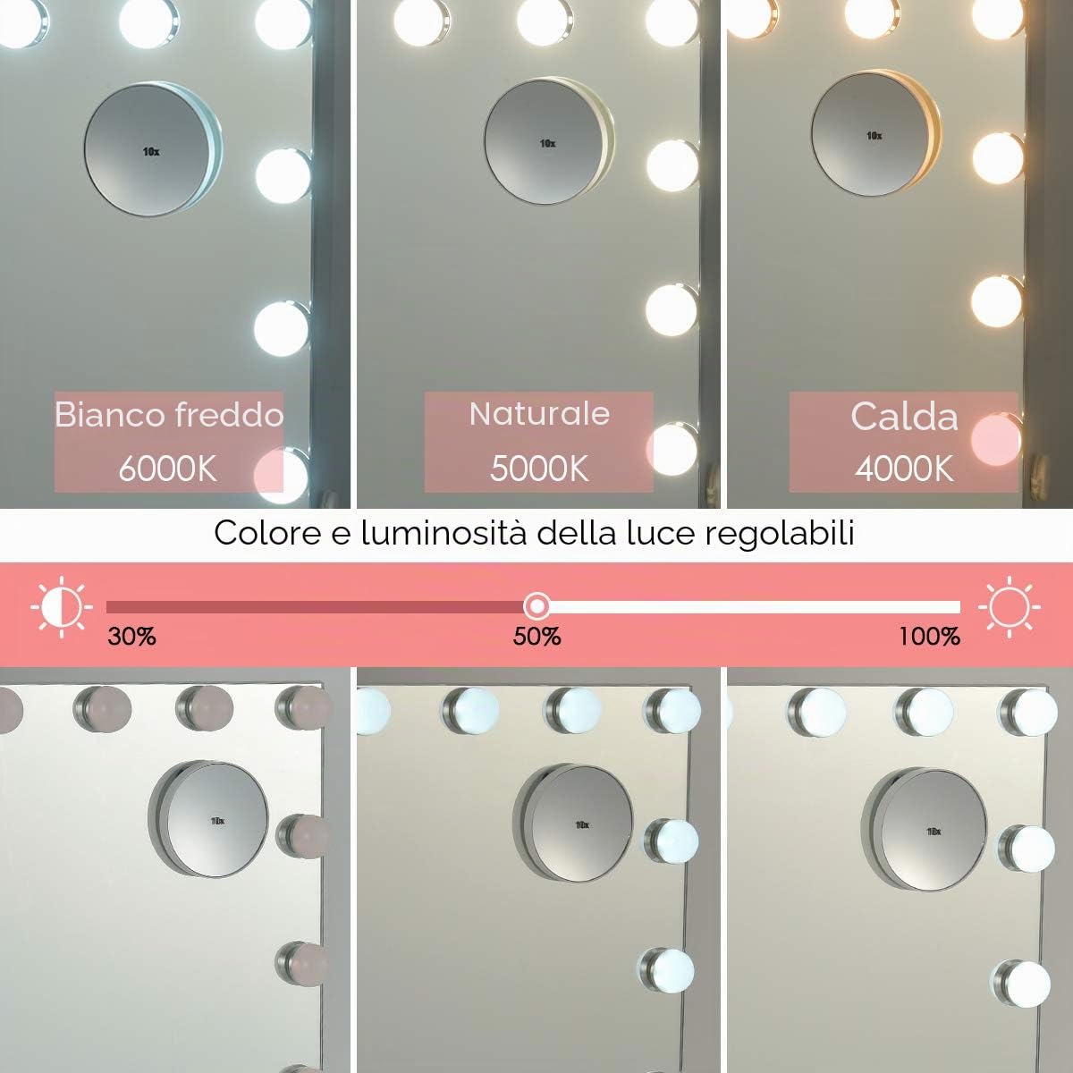 LIFEZEAL Specchio Trucco con Luci, Specchiera Hollywood con 15 Lampadine Led, Specchio da Tavolo e da Toeletta Ingranditore 10X e Smart Touch, 3 Modalità di Luminosità e Musica Bluetooth, 58 x 48 cm