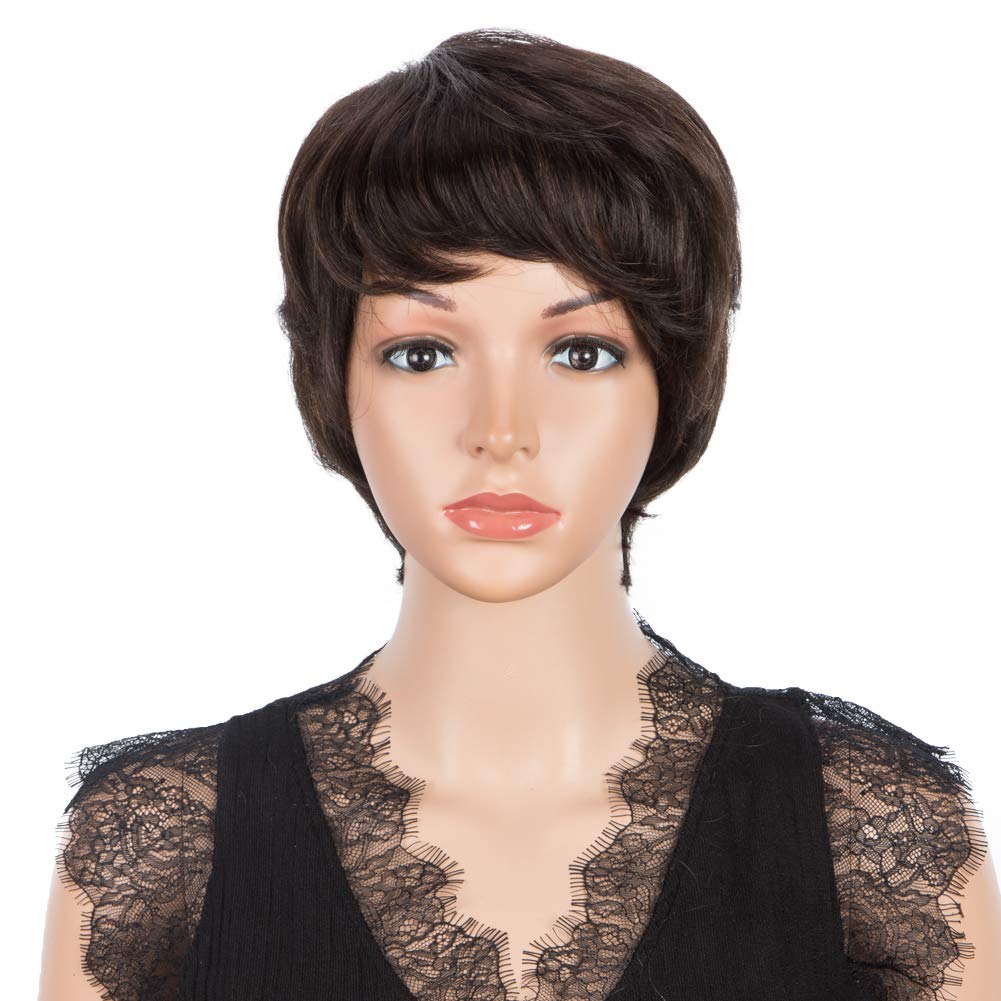 Joedir Pixie Cut Short Human Hair Wig for Black Women Brazilian Hair Pixie Wigs with Bangs Machine Made 130% Density Real Wig(Mixed Brown Color)-image-38