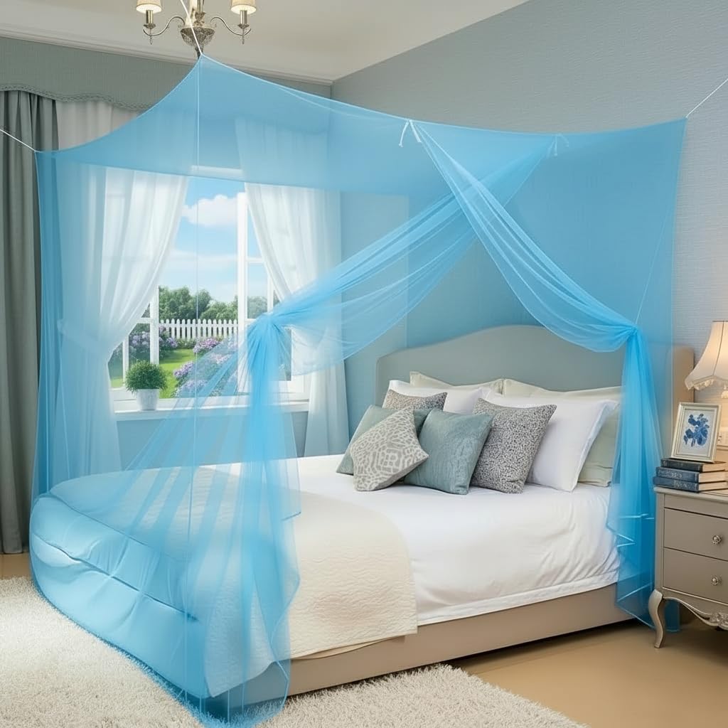 Allbestaye Mosquito Net for Bed, 4-Corner Post Bed Canopy with One Side Opening, Breathable Fine Mesh Protection for Bedroom Dormitory Camping Travel