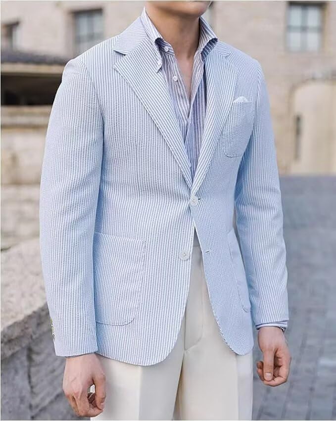Men Seersucker Blazer Sports Coat Slim Fit Casual Striped Jacket for Men Summer Beach Wedding Prom Suit Blazers 5