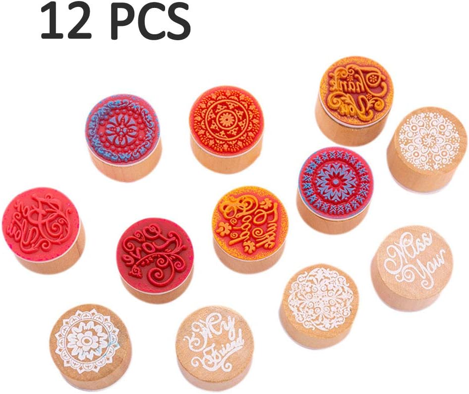 Round Shape Wooden Rubber Stamp Handwriting Wishes Benediction, Vintage Floral Pattern Craft Fashion DIY Album Accessories (Set of 12)