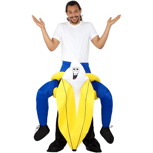 Smiffys Bananaman Piggy Back Adult Costume, Fun Blue One-Piece Suit with Mock Legs, Officially Licensed Bananaman Costume, Ideal for 1980s and TV Inspired Themed Costume Parties