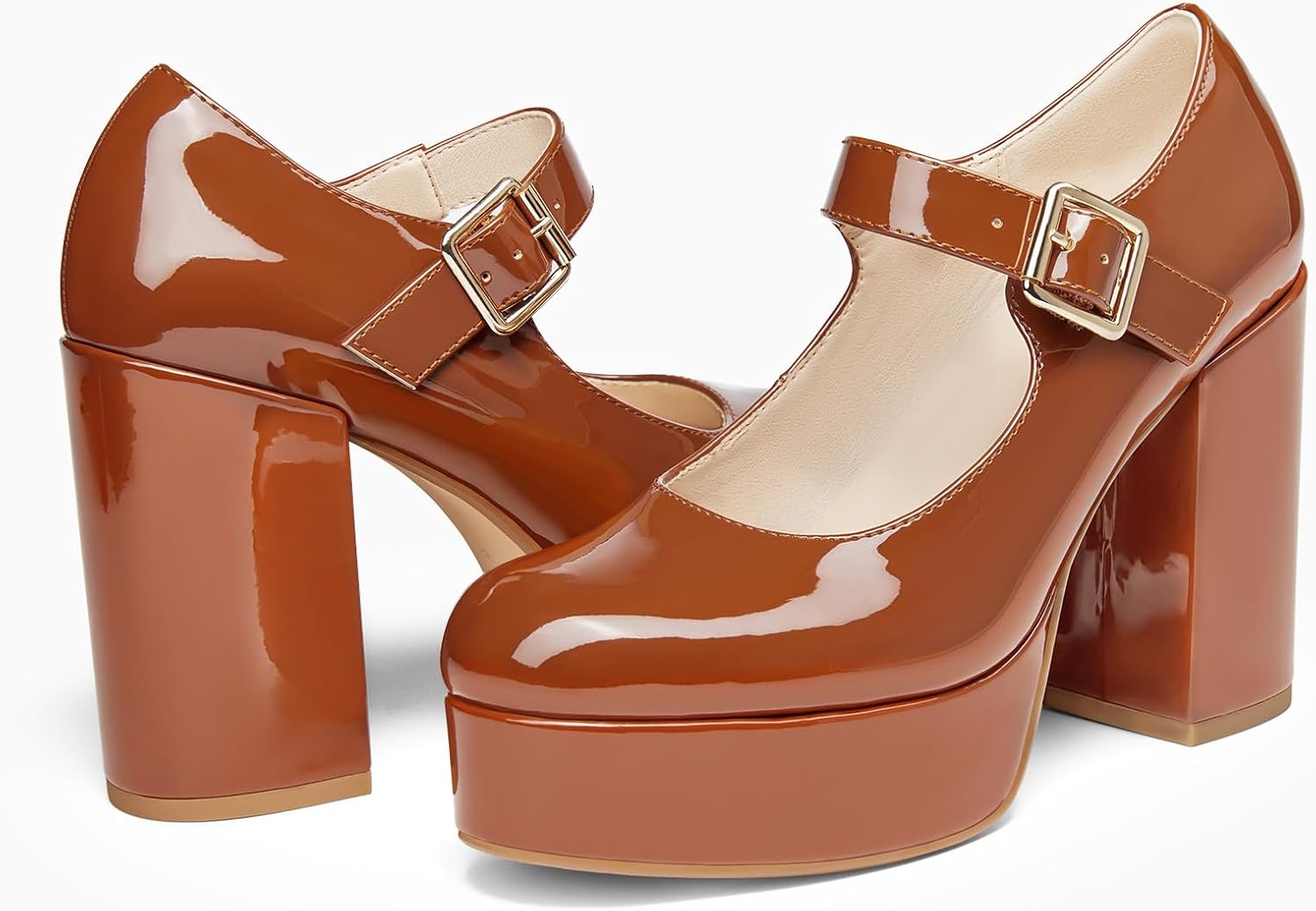 Coutgo Womens' T-Strap Round Toe Chunky Platform Heels Patent Mary Jane Dress Shoes - Image 4