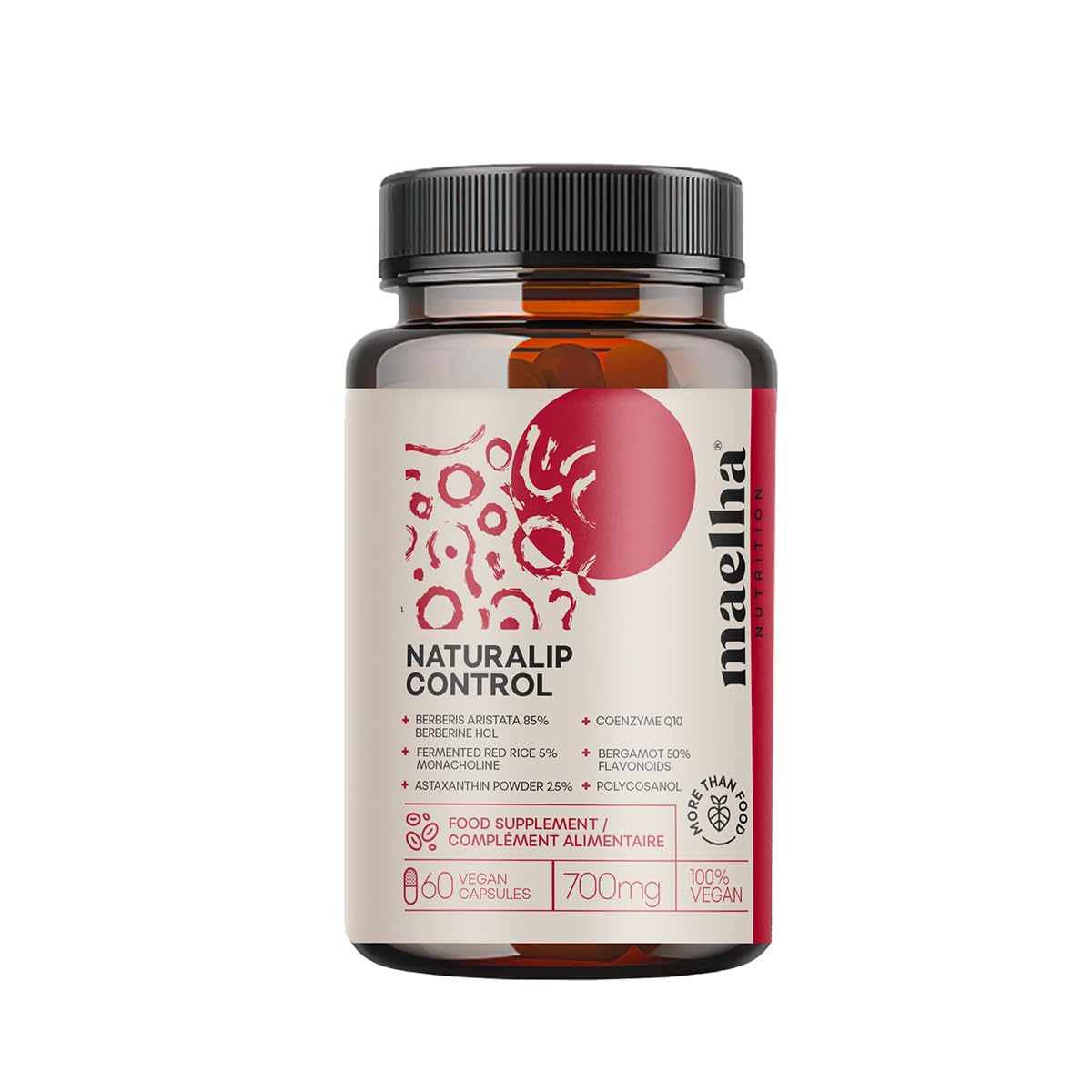 Naturalip Control | Supplément à base de riz rouge fermenté | Aide à maintenir des taux normaux de cholestérol et de triglycérides | Concentration élevée | 60 gélules | 100% végétalien