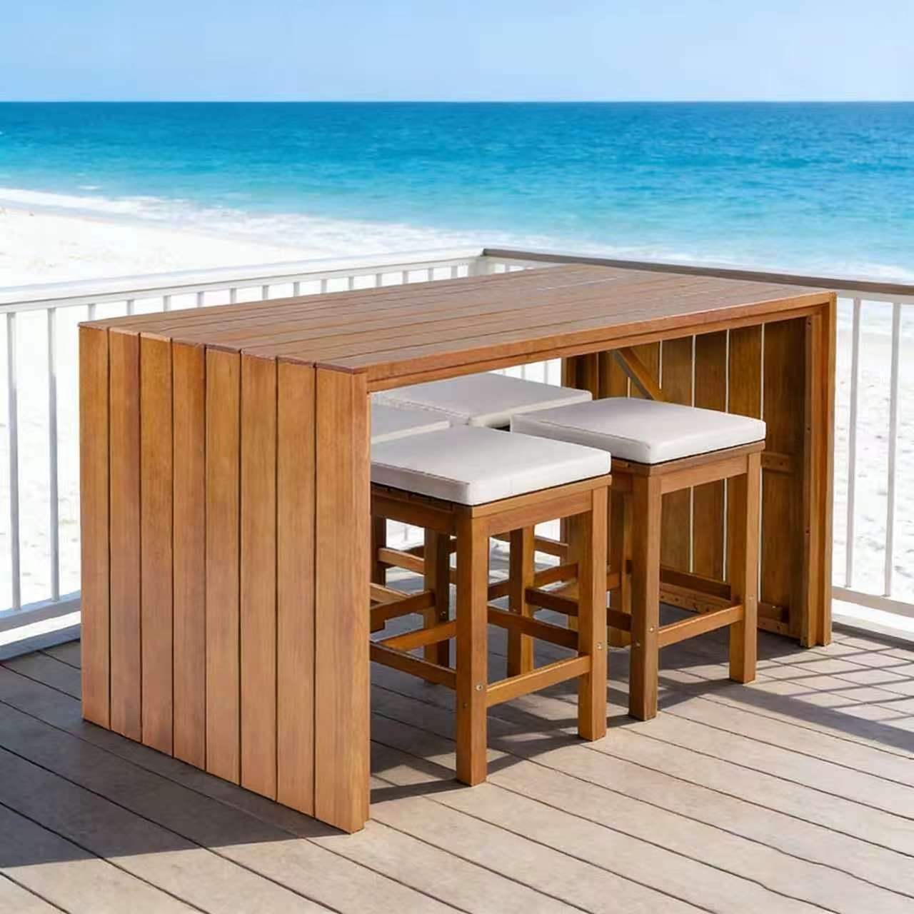 5 Piece Acacia Wood Outdoor Bar Height Dining Set, Patio Bar Table with 4 Cushioned Stools, Weather-Resistant Furniture for Backyard, Poolside & Garden Entertaining