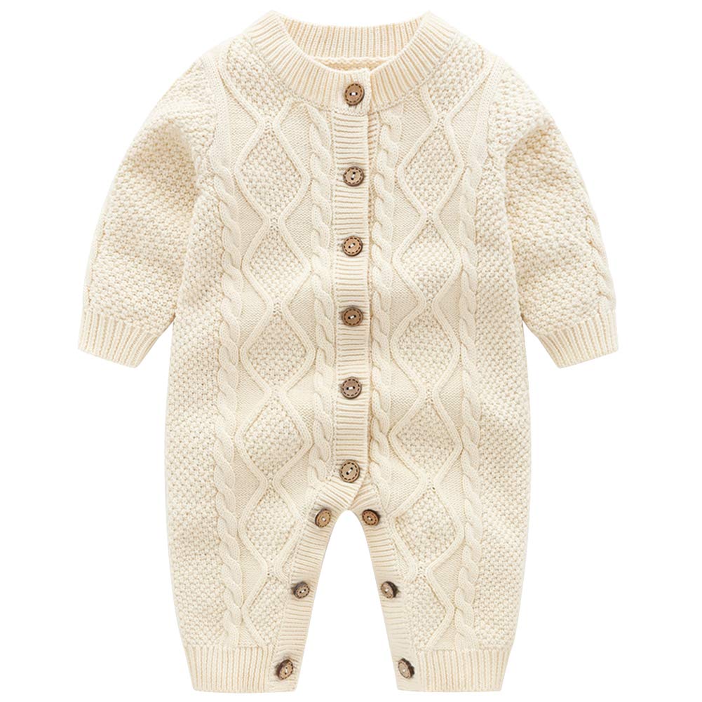 amropi Nouveau-né Bébé Tricot Barboteuse avec Bonnet Combinaison Manches Longues Tenue Ensemble 0-3 Mois,Beige