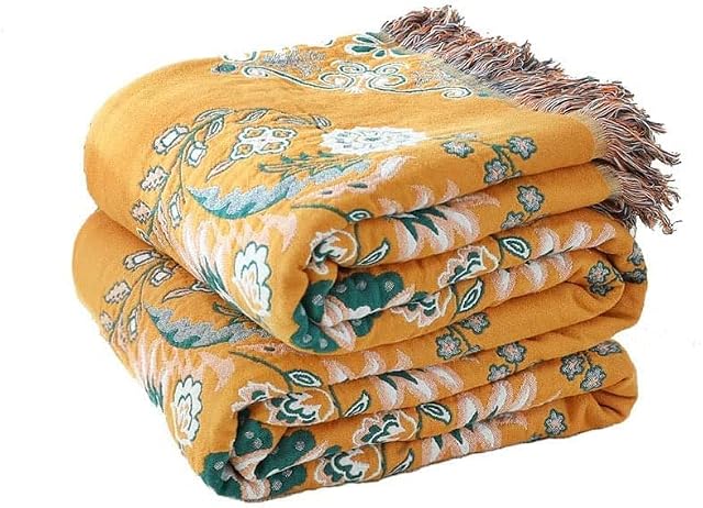 HOORDRY Throws for Sofas Large 3 or 4 Seater 100% Cotton Bed Throws Blanket Bedspread with Tassels 230×250CM(91×98In) For Bed Sofa Couch Armchair Yellow & Green