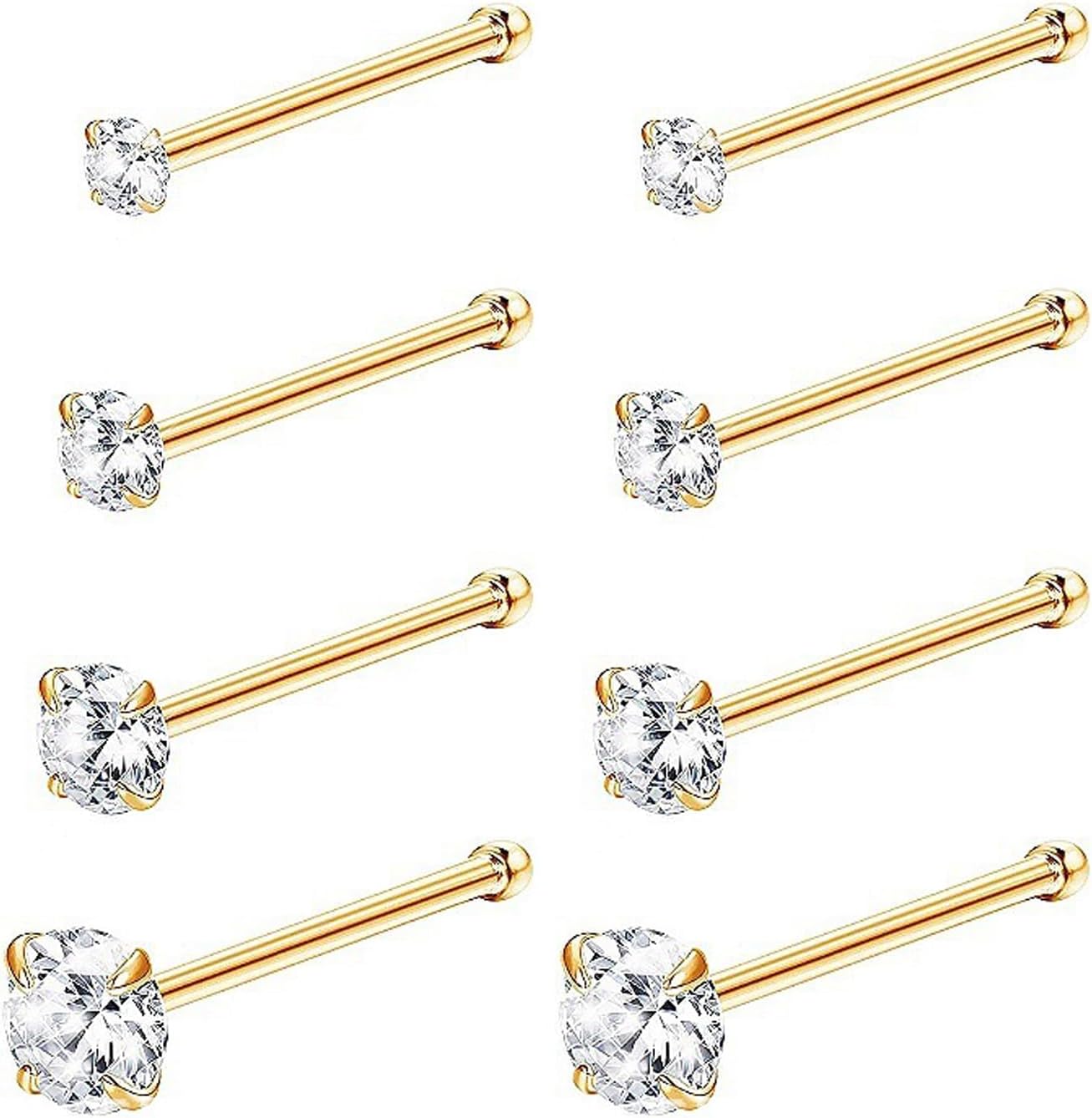 8Pcs GOLD Nose Studs Hypoallergenic Stainless Steel Corkscrew L Shaped Nose Piercing Nose Rings for Women Men 20G Body Piercing Screws Studs Cartilage Helix Tragus Earring Hoops Labret Lip Piercing Jewelry