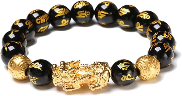 Macabolo Black Obsidian Wealth Beads Bracelet Lucky Wealthy Amulet Bracelet with Golden Pi Xiu